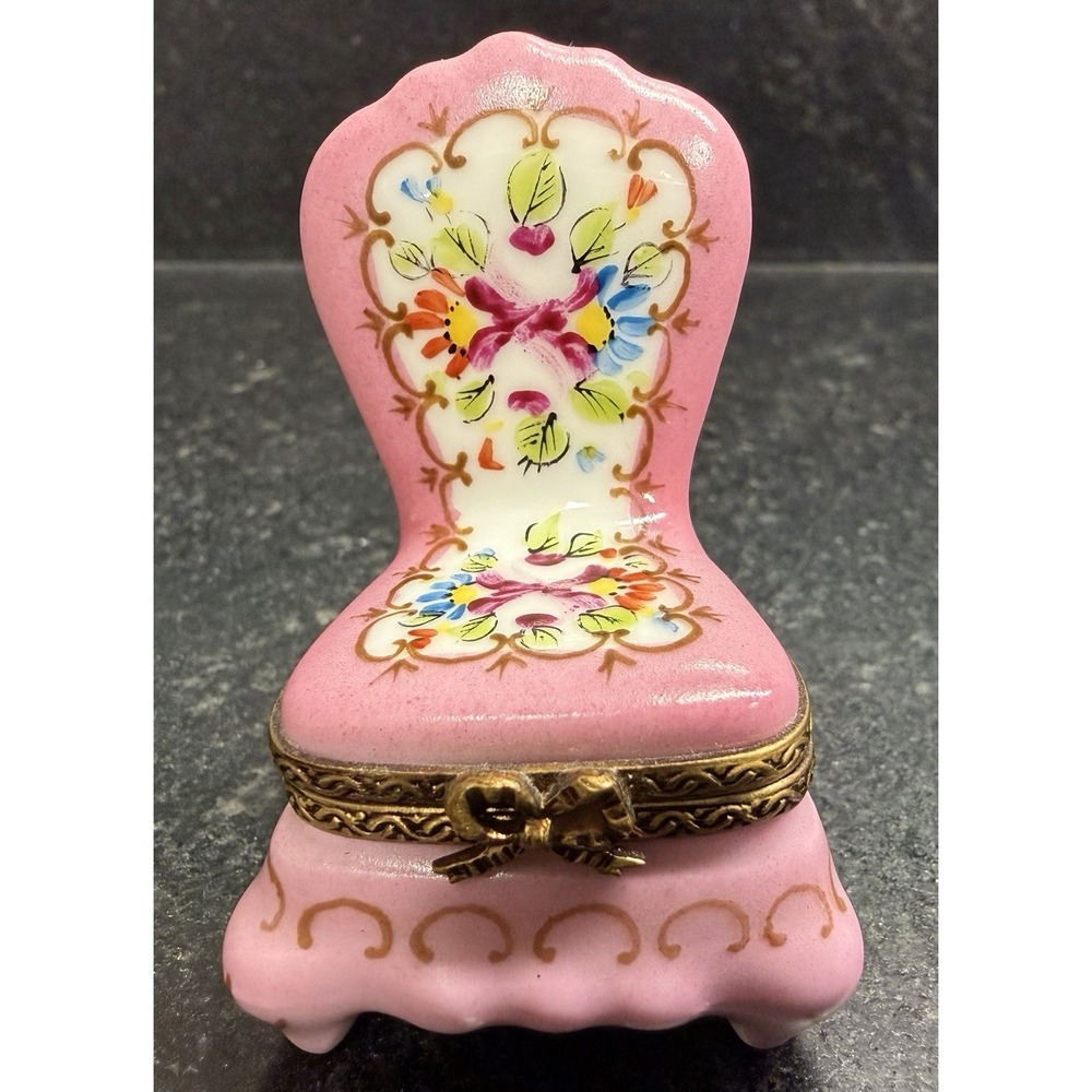 Chamart Limoges France Pink Chair Trinket Box Hand Painted Miniature Signed